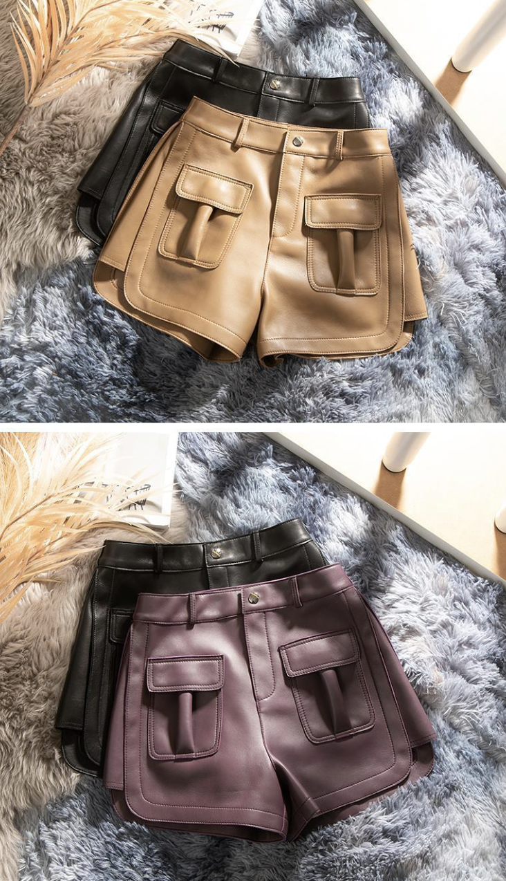 High waist burgundy sheepskin leather shorts