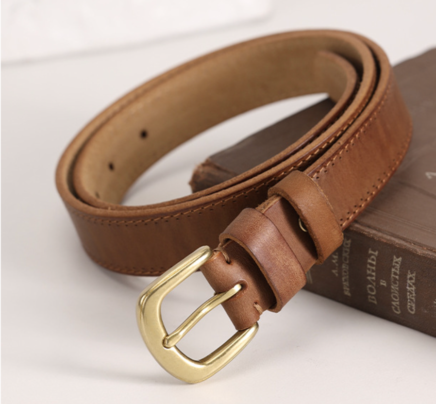 Women’s Brown Leather Belt in Top-Grain Cowhide with Pin Buckle