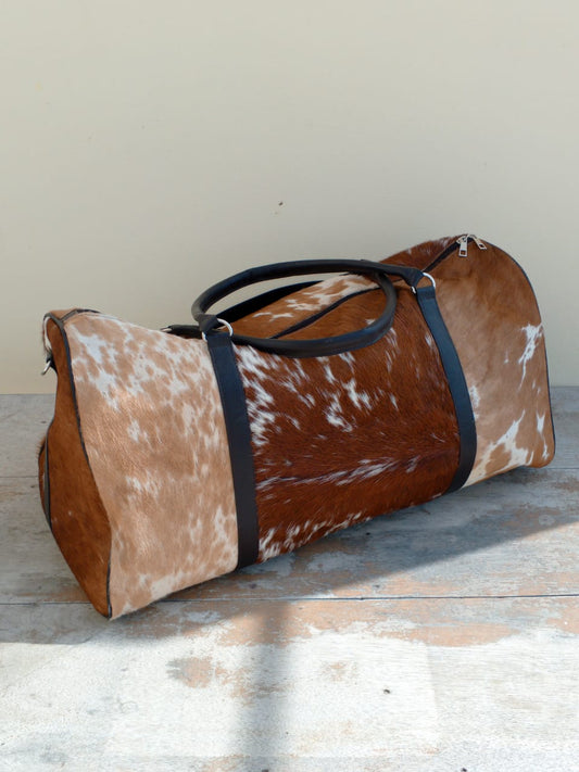 Brown White Cowhide Duffle Bag With Shoe Compartment