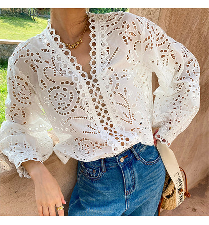 Summer Tops Women White Eyelet Lace Blouse