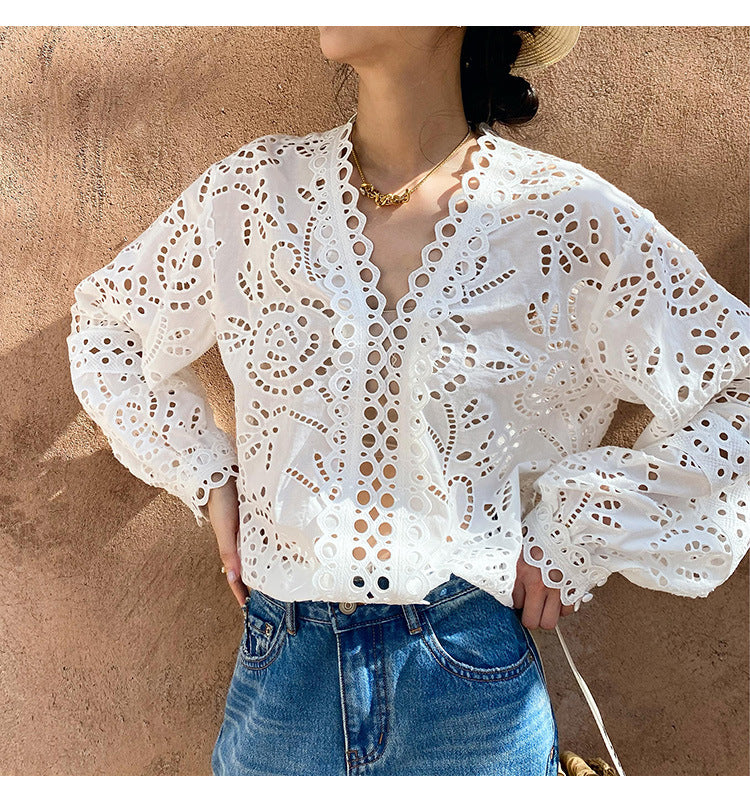 Summer Tops Women White Eyelet Lace Blouse