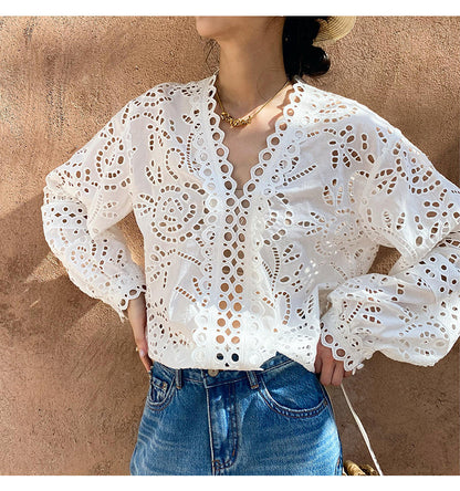 Summer Tops Women White Eyelet Lace Blouse