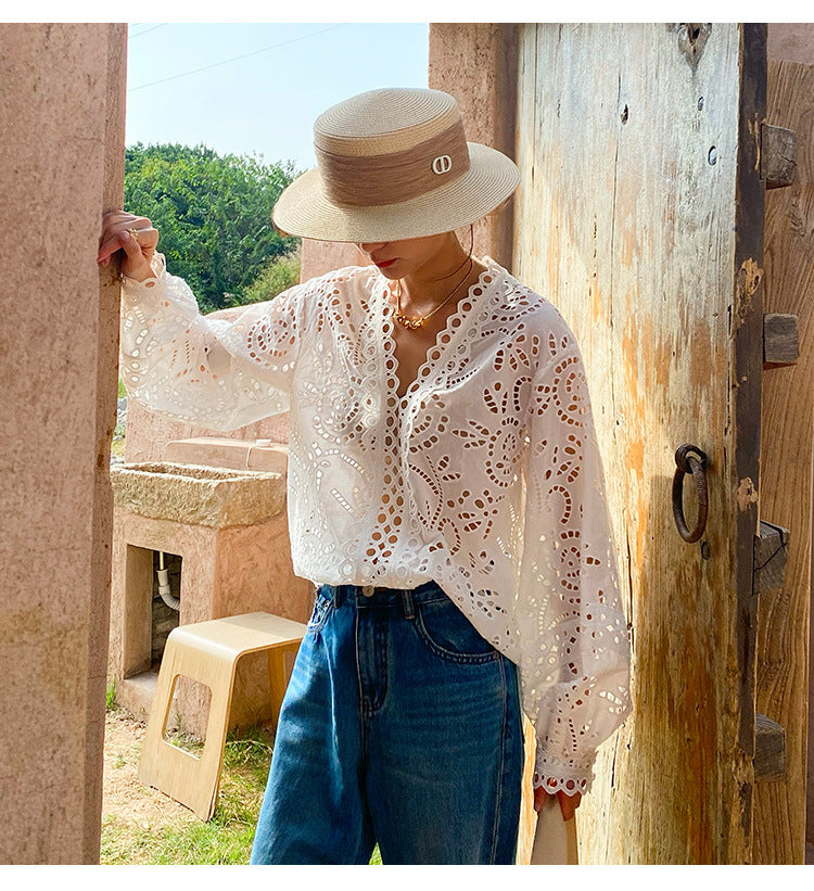 Summer Tops Women White Eyelet Lace Blouse