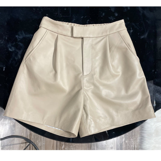 Genuine sheepskin women’s leather shorts offering clean structure, wide leg drape, and comfortable elastic back waist