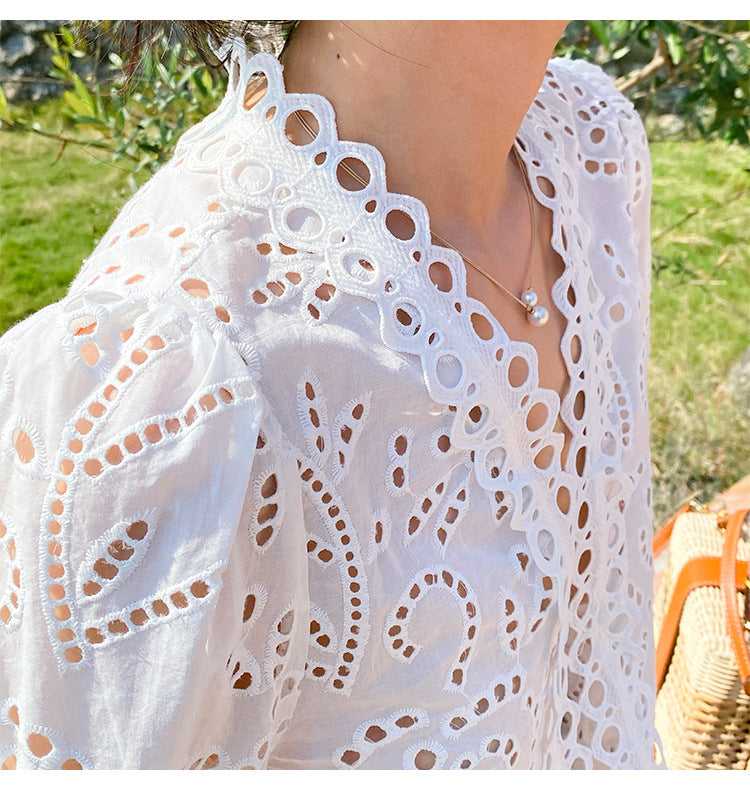 Summer Tops Women White Eyelet Lace Blouse