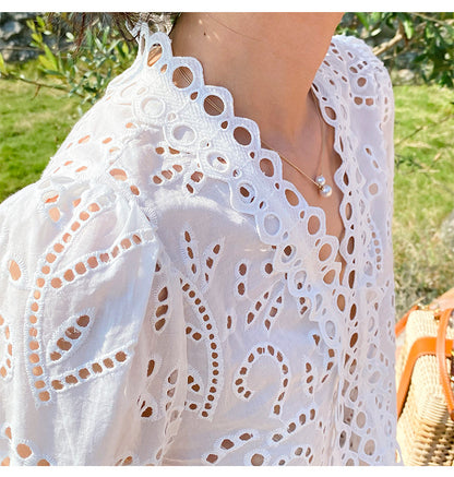 Summer Tops Women White Eyelet Lace Blouse