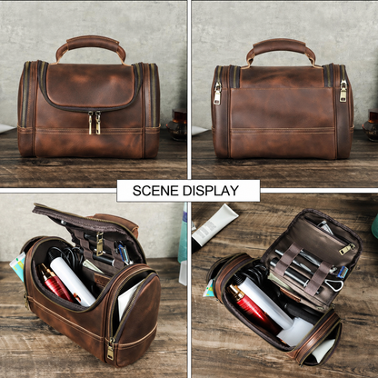Men's Leather Bathroom Bag with Multi-Zip Travel Storage