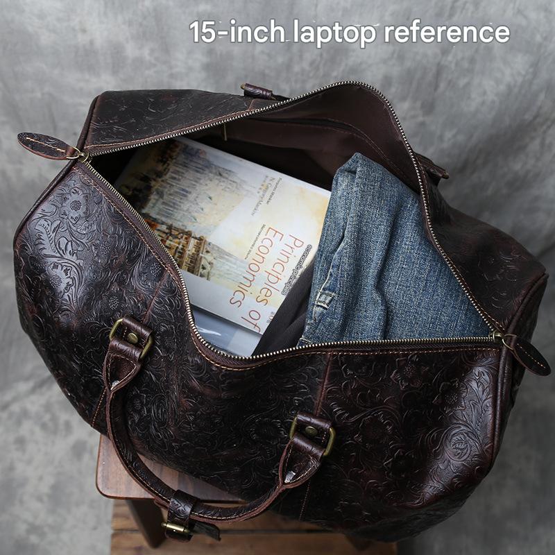 Leather weekender duffle bag with shoe compartment