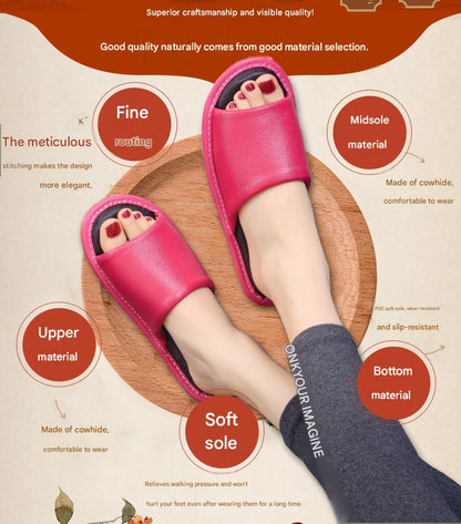 Leather Slippers for Women Cowhide Indoor Soft Sole Non Slip Slides