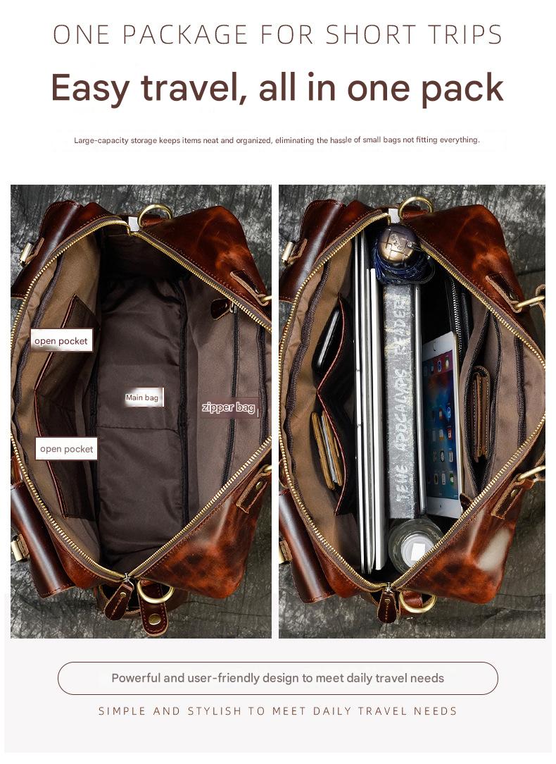 Leather mens duffle bag business travel briefcase