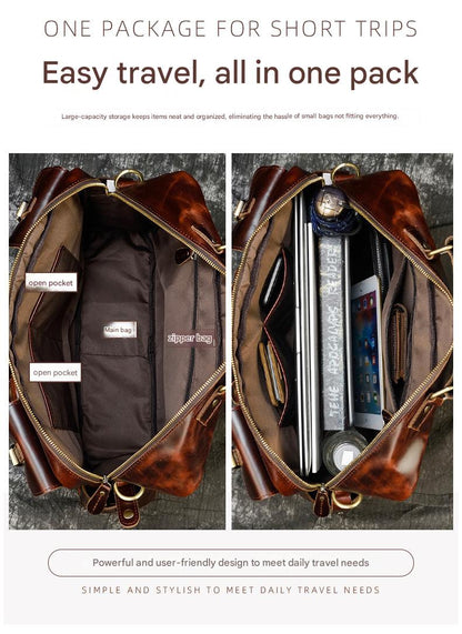 Leather mens duffle bag business travel briefcase