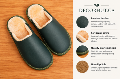 Winter Slippers for Women with Leather Upper and Plush Lining