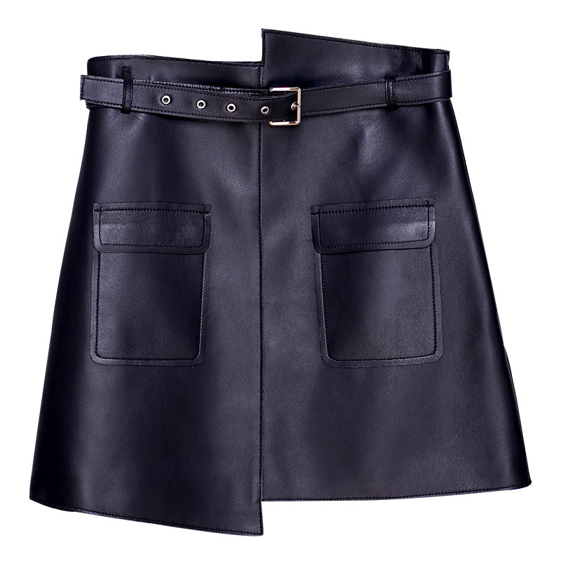 Black High Waist Mini Leather Skirt With Belt Pockets