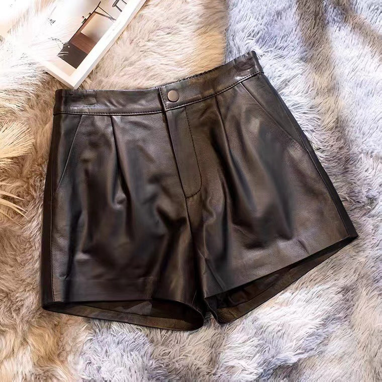 Genuine sheepskin high waisted leather shorts