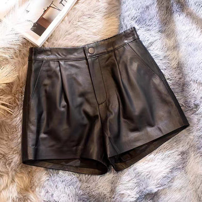 Genuine sheepskin high waisted leather shorts