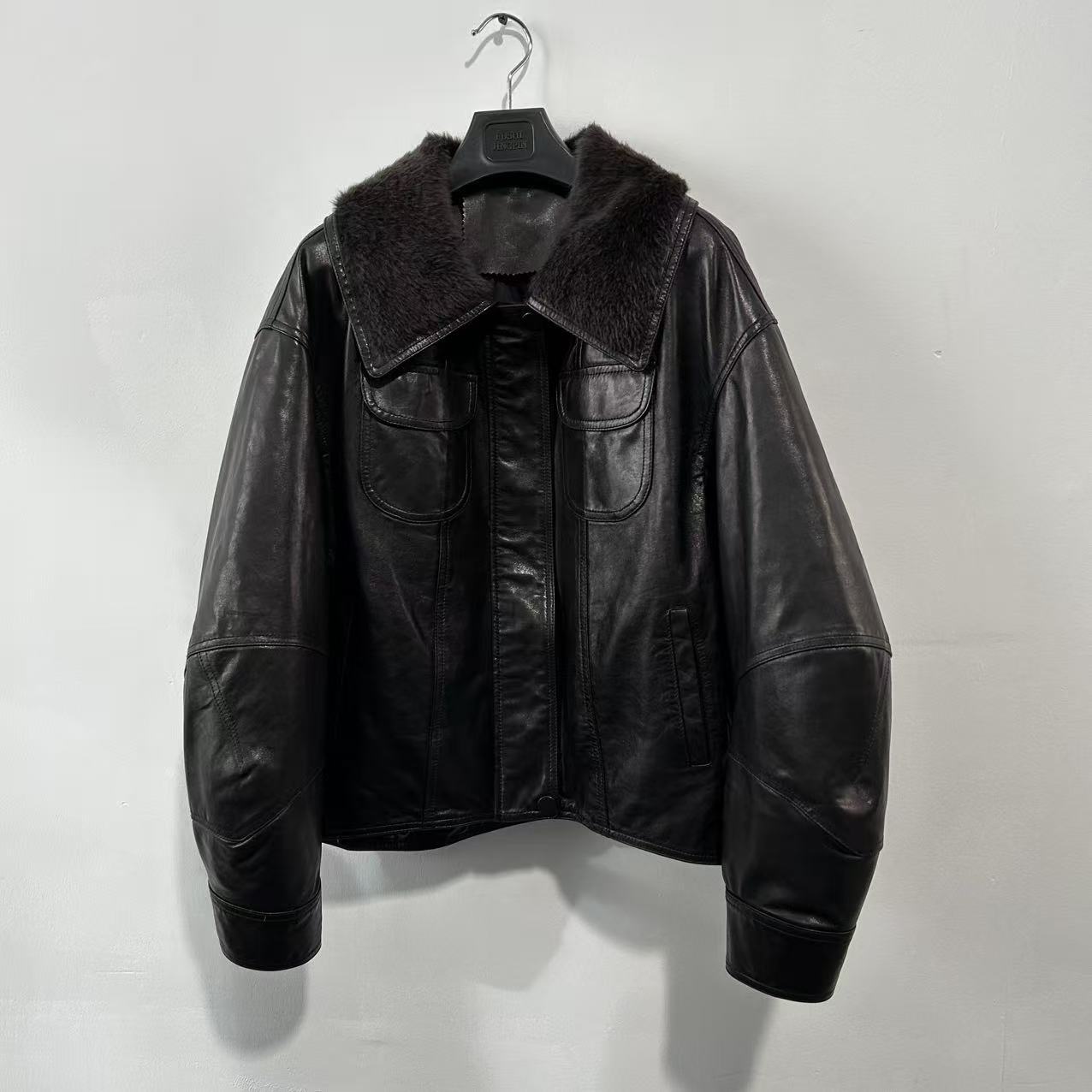 Women leather parka with fur collar