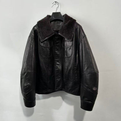 Women leather parka with fur collar