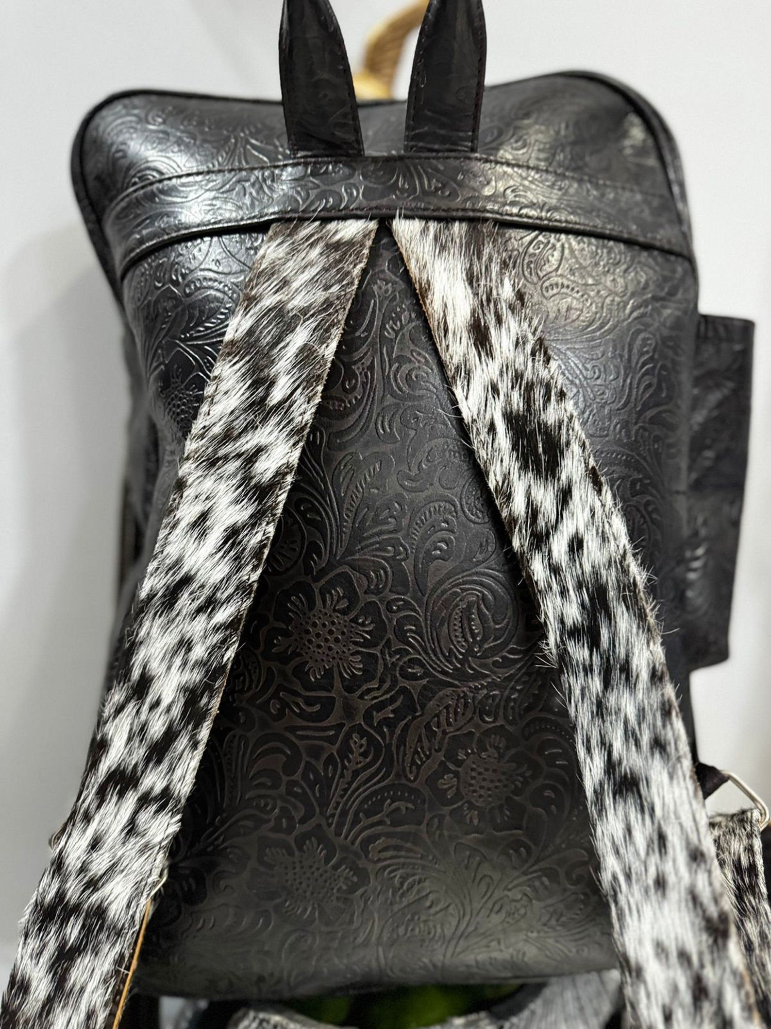 Cowhide Fringe Backpack Black White Leather Travel Bag