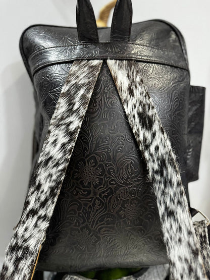 Cowhide Fringe Backpack Black White Leather Travel Bag