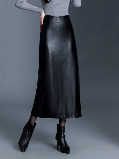 Long Leather Skirt Slim Fit PU Leather Midi Skirt