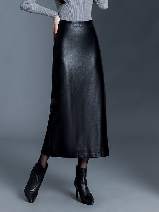 Long Leather Skirt Slim Fit PU Leather Midi Skirt