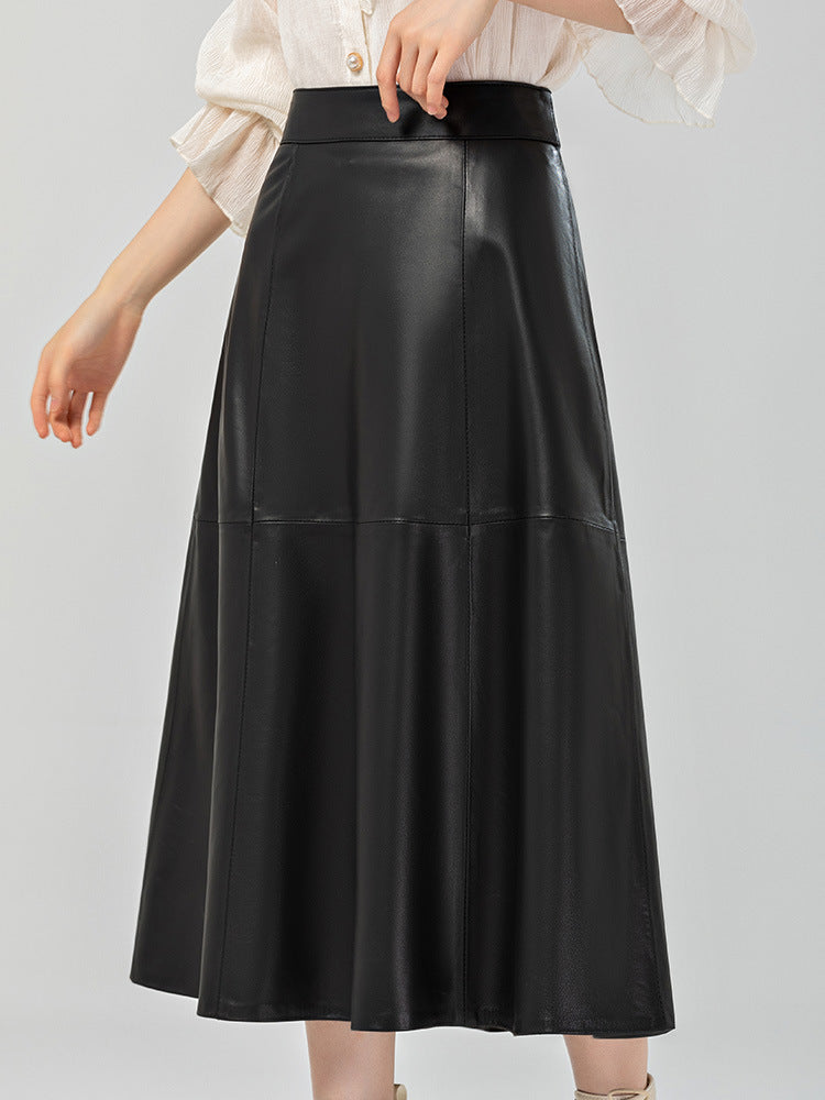 High Rise Black Genuine Leather Midi Skirt