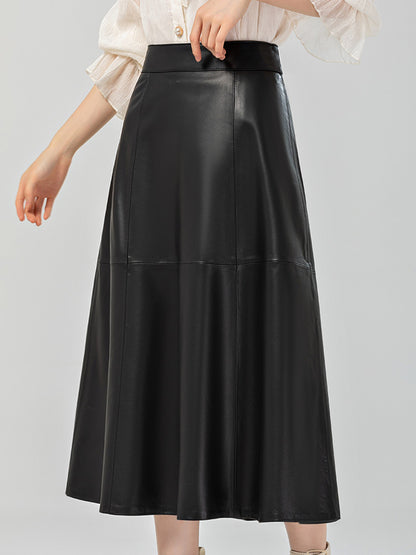 High Rise Black Genuine Leather Midi Skirt