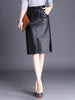Black Mid Length Faux Leather Skirt With Slit
