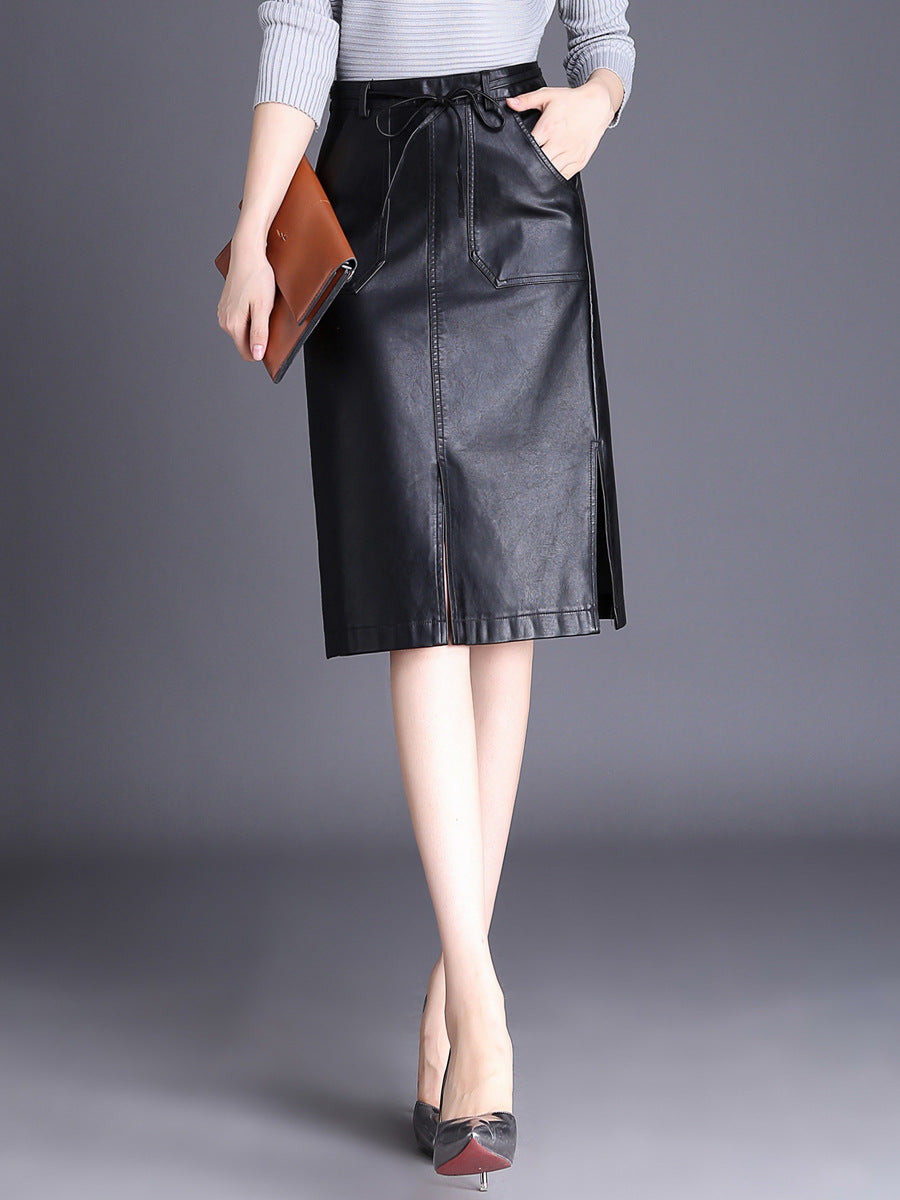 Black Mid Length Faux Leather Skirt With Slit