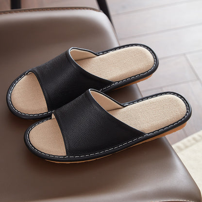 Leather Slippers for Women Linen Footbed Indoor Non Slip Summer Slides