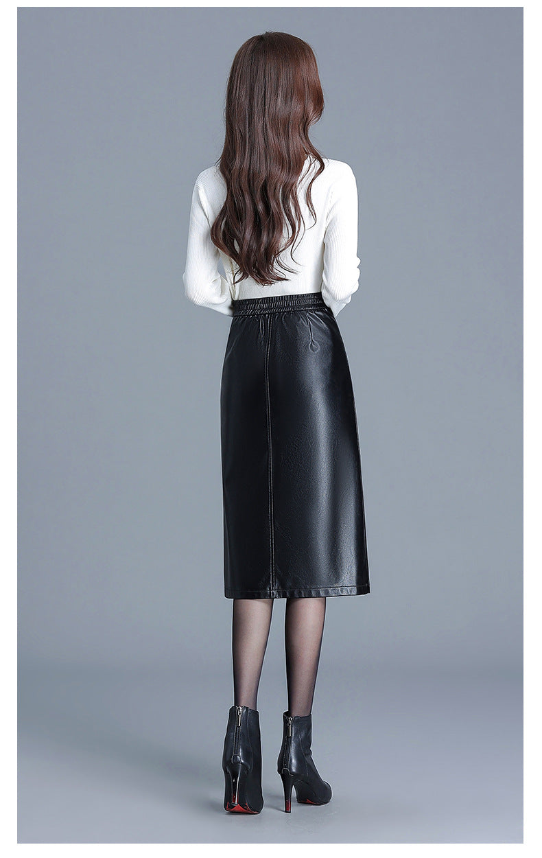 Black PU Leather Midi Skirt With Front Slit High Waist