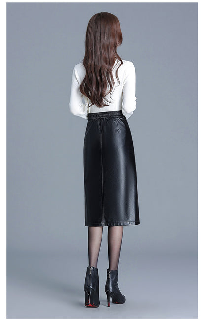 Black PU Leather Midi Skirt With Front Slit High Waist