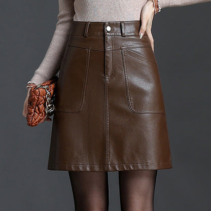 Black mini faux leather skirt high waist a line pocket design