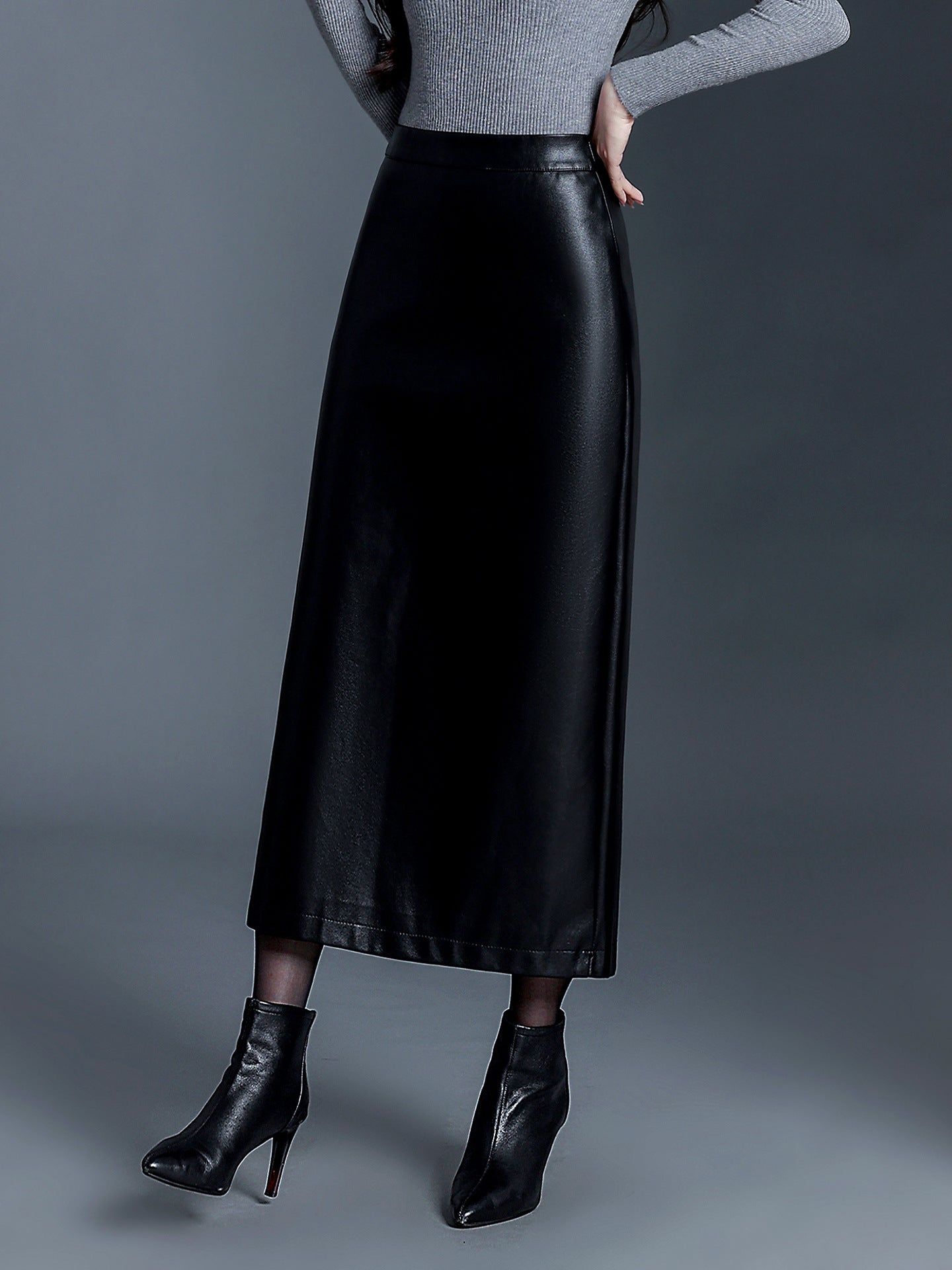 Long Leather Skirt Slim Fit PU Leather Midi Skirt