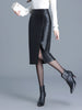 Black PU Leather Midi Skirt With Front Slit High Waist