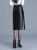Black PU Leather Midi Skirt With Front Slit High Waist
