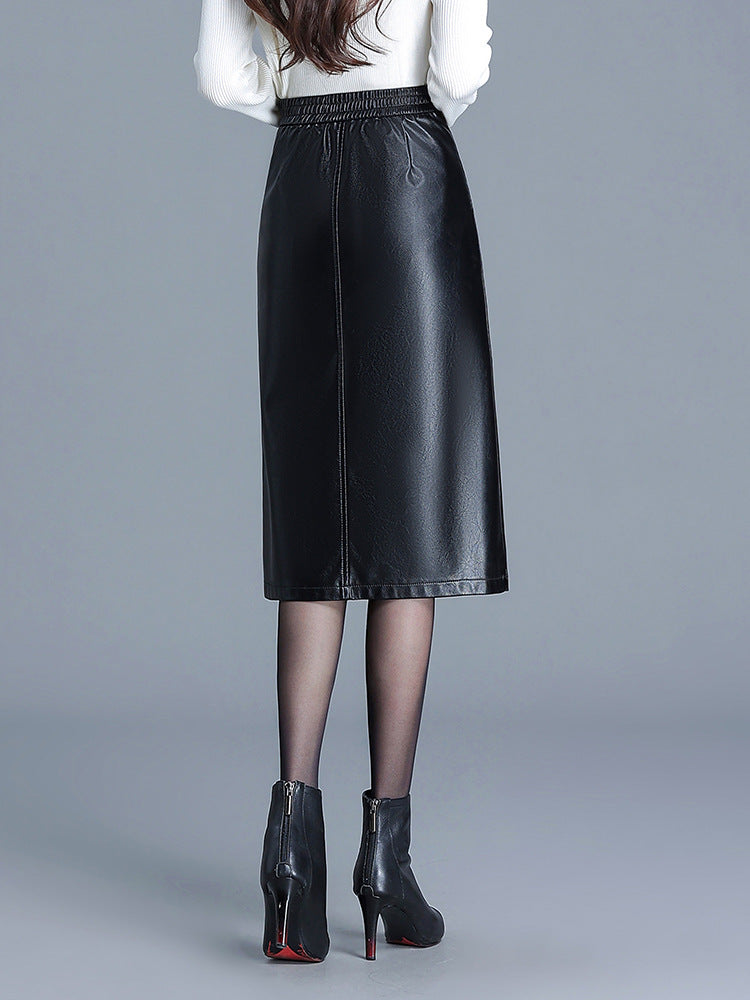 Black PU Leather Midi Skirt With Front Slit High Waist