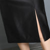 High Waisted Women's Black Sheepskin Leather Midi Skirt with Slit