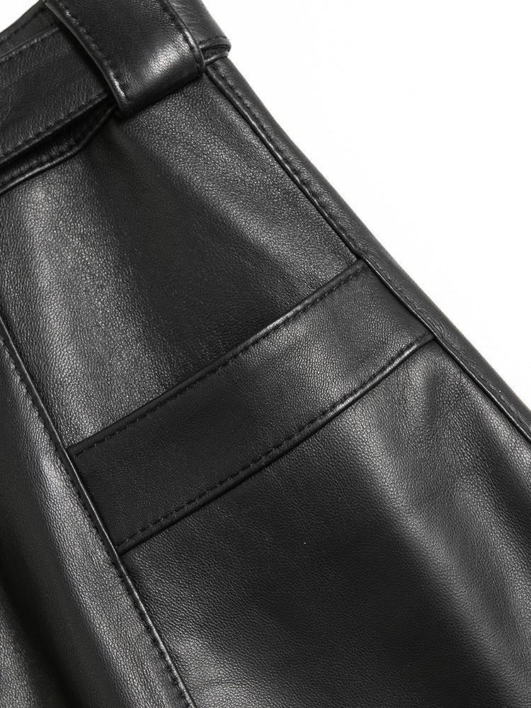 High Waist Sheepskin Leather Midi Skirt Structured