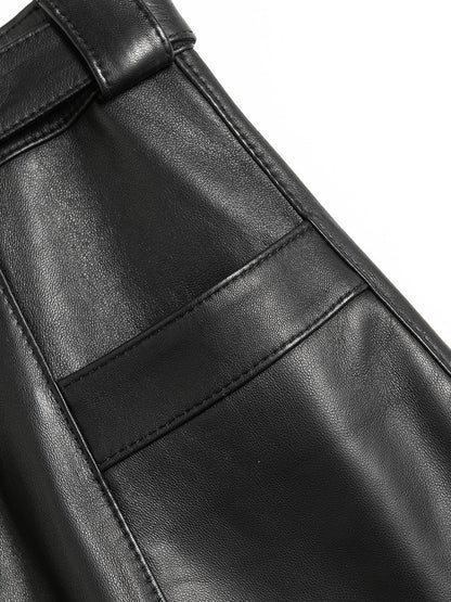 High Waist Sheepskin Leather Midi Skirt Structured