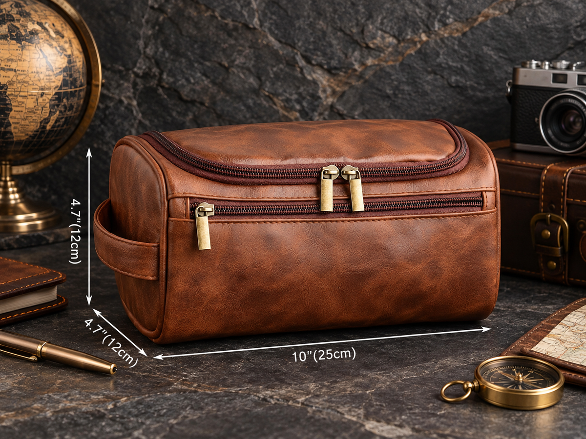 Brown leather toiletry bag closed with front zipper and carry loop