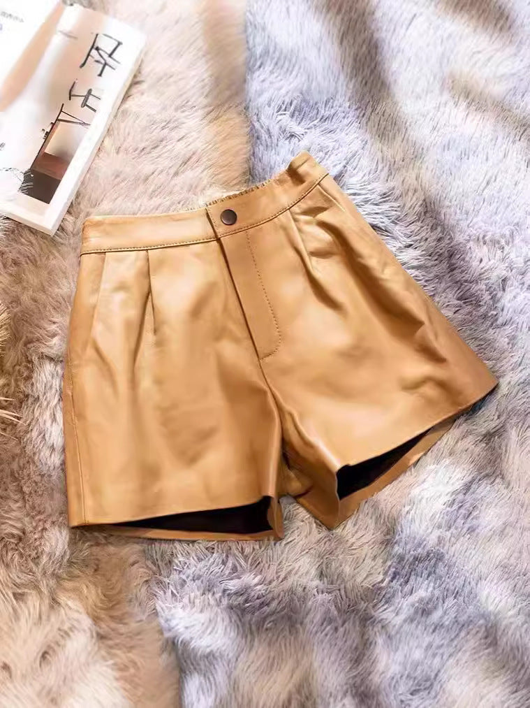 Genuine sheepskin high waisted leather shorts