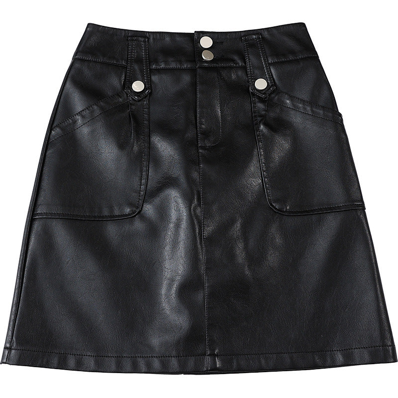 Women High Waist Faux Leather Mini Skirt With Pockets