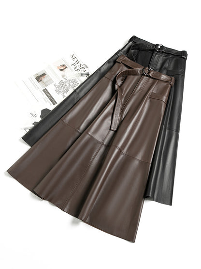 High Waist Sheepskin Leather Midi Skirt Structured