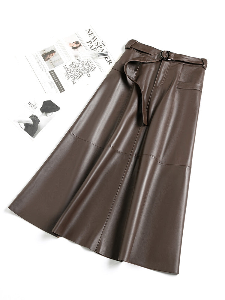 High Waist Sheepskin Leather Midi Skirt Structured