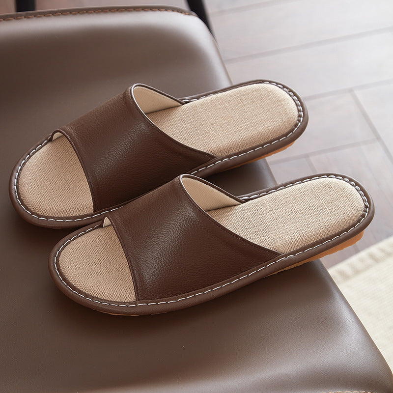 Leather Slippers for Women Linen Footbed Indoor Non Slip Summer Slides