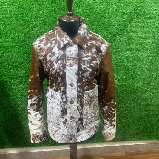 Men's hair on cowhide jacket in brown and white. Real cow fur coat with unique pattern and western styling for standout country wear.


