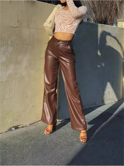 Women faux leather wide leg pants high waist