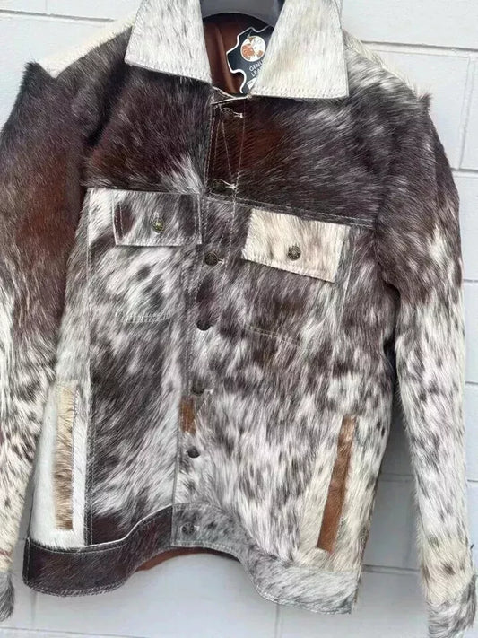 Cowhide leather jacket men hair on coat