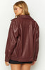 Women's Burgundy Oversized Leather Jacket Loose Fit Zip Bomber
